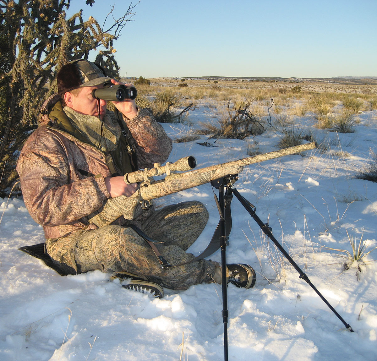 A bipod or shooting sticks are the handiest addition a coyote hunter can add to his rifle. They keep the rifle up and ready, so a hunter’s movement can be kept to a minimum when a coyote comes to the call.